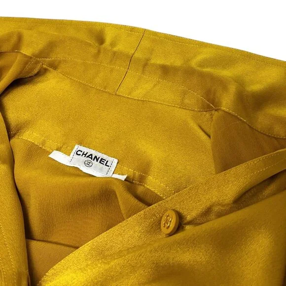 CHANEL Vintage CC Logo Shirt Top Button Up Pocket Yellow Gold Silk